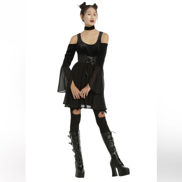 Hot Topic Gothic Dress Velvet/Sheer Chiffon - Picture 2 of 10